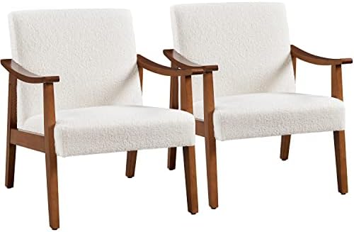 Yaheetech Fabric Accent Chair, Mid-Century Modern Armchair with Solid Wood Legs, Reading Leisure Chair with High Back for Living Room Bedroom Waiting Room, Set of 2, Ivory