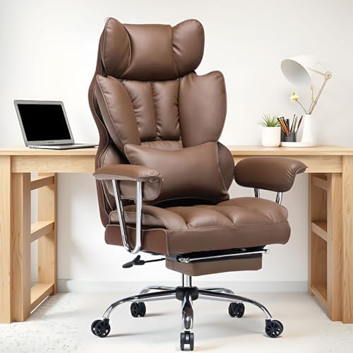 Efomao Big and Tall Office Chair 400lbs – PU Leather Executive Office Chair with Lumbar Support & Leg Rest, Heavy-Duty Computer Chair for Home Office, Brown