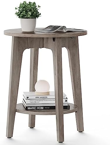 VASAGLE Side Table, Small Round End Table with Lower Shelf, Nightstand for Small Spaces, Living Room, Bedroom, Greige ULET283T02