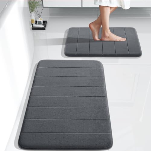 Yimobra Memory Foam Bathroom Rugs Sets 2 Piece - Super Soft Absorbent Quick Dry Bath Mat Set, Machine Washable Non Slip Floor Carpet for Tub Shower & Single Sink (17x24 & 31.5x20 Inch, Dark Gray)