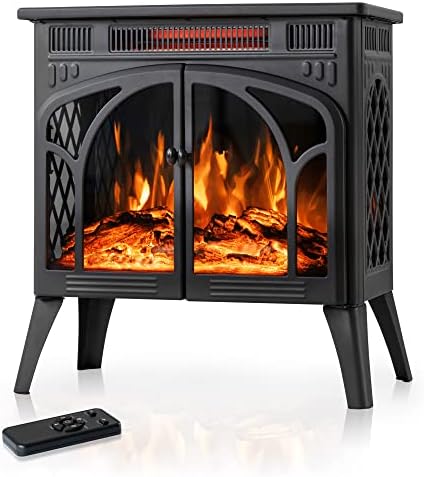 24Inch Electric Fireplace Stove , Free-Standing Infrared Fireplace Stove, Controllable 3D Flame, 4 Variable Flame&Log Colors, 1500w, 5100BTU, Black (S230B-BLACK), 23.5"L X 10.7"W X 24.3"H