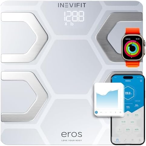 INEVIFIT EROS Bluetooth Body Fat Scale Smart BMI Highly Accurate Digital Bathroom Body Composition Analyzer with Wireless Smartphone APP 400 lbs 11.8 x 11.8 inch (White)