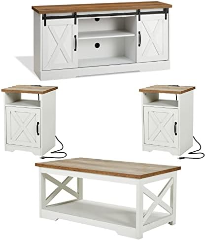 AMERLIFE 4-Piece Farmhouse Table Set Includes Sliding Barn Door TV Stand, Coffee Table& Two End Tables, Side Table with Charging Station and USB Ports, for Living Room, Distressed White, 66"