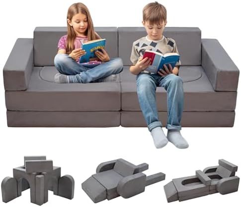 10pcs Modular Kids Play Couch, Toddler Sectional Sofa for Playroom Bedroom, Convertible Foam and Floor Cushion for Boys & Girls, Gray