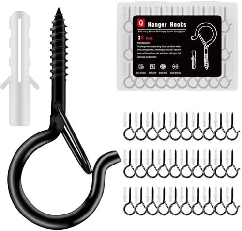 36 Pack Black Screw Hooks with Safety Buckle - 2.3 Inch Rustproof Eye Ceiling Hooks for Hanging Plants,Outdoor String Lights,Baskets,Christmas Lights & Decor,40lb Capacity (36, Black)