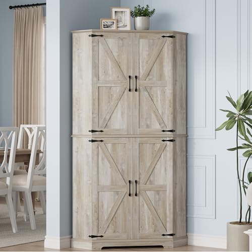 IRONCK Corner Cabinet, 72" Kitchen Pantry Cabinet, 6-Tier Farmhouse Pantry with 2 Adjustable Shelves, 240° Swivel Doors, 2 Doors Storage, Spacious Hutch for Kitchen, Living Room, Rustic Maple