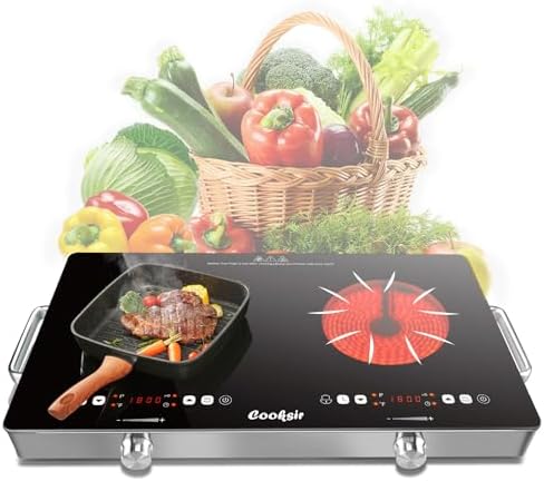 2 Burner Electric Cooktop - 24 Inch Portable Electric Stove Top 110V, 2000W Countertop Double Burner Ceramic Cooktop with LCD Control Panel, Child Lock, Timer, Knob Control with Outlet Plug