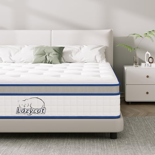 LAZYCAT Full Mattress, 10 Inch Full Size Hybrid Mattress in a Box, Gel Memory Foam with Individually Encased Pocket Coil, Medium Firm Feel, Motion Isolation, Fiberglass Free