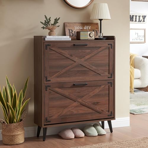 Shoe Storage Cabinet,Farmhouse Shoe Organizer with 2 Flip Drawers & Barn Door Design,Freestanding Hidden Slim Narrow Shoe Rack Cabinet for Entryway,Foyer,Hallway,Walnut
