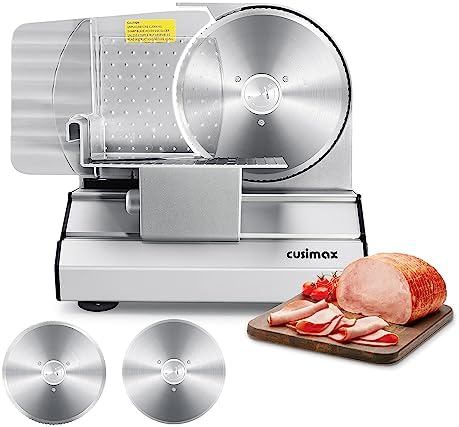 CUSIMAX Electric Meat Slicer for Home,Two 7.5''Stainless Steel Blades,1-20mm Adjustable Thickness,Easy to Cut Various Foods,Removable Food Carriage for Easy Cleaning