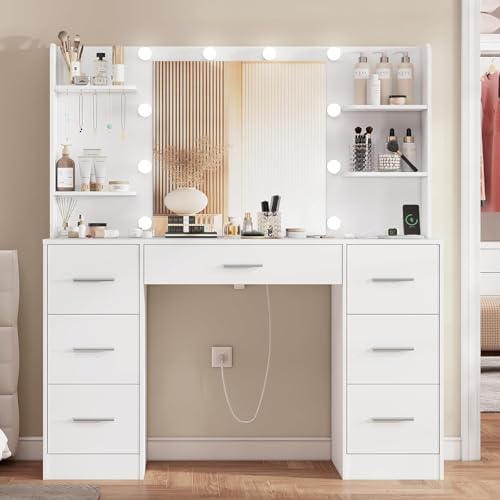 Large Makeup Vanity, 42.1" Vanity Desk with Mirror and Lights, Makeup Vanity Table with 7 Drawers, 4 Shelves, 5 Jewel Hooks & Power Strip, Vanity Desk Set for Bedroom, White