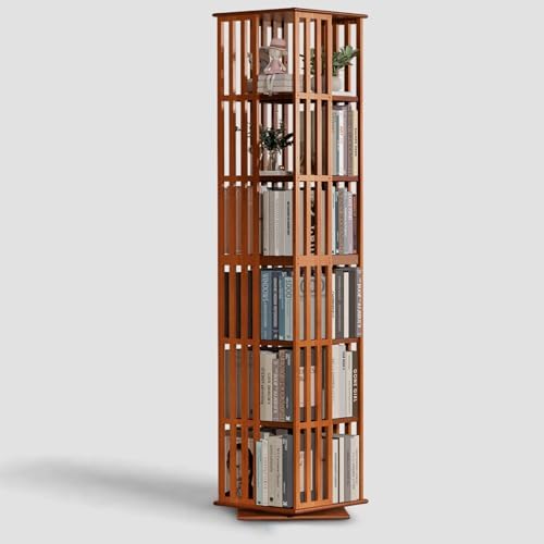 Rotating Bamboo Bookshelf | 6 Tier Revolving Bookcase | 360-degree Space Saving Spinning Book Shelf | Swivel Book Shelves for Display Corner-Friendly Small Space-15.75"W×15.75"D×74.8"H(Walnut)