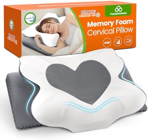 Cervical Neck Pillow for Sleeping, Memory Foam Pillow for Neck Support, Ergonomic Pillow for Pain Relief, Contour Bed Pillow for Side Back Stomach Sleepers, Grey, Standard Size