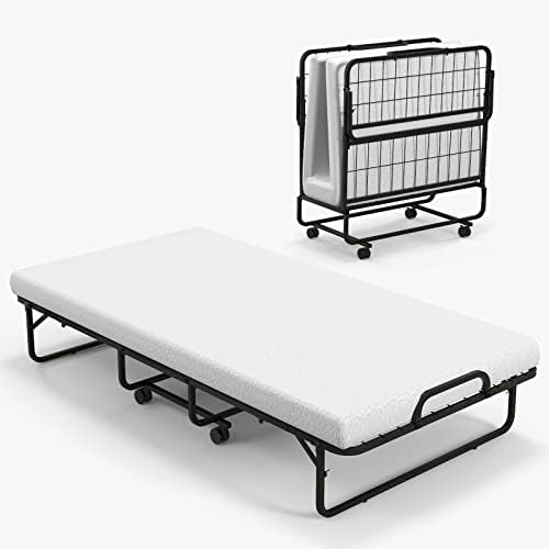 KOMFOTT Folding Rollaway Bed with 4” Mattress, Twin Size Portable Bed with Rolling Casters, Memory Foam Mattress & Metal Frame, Foldable Beds for Guest Room & Office