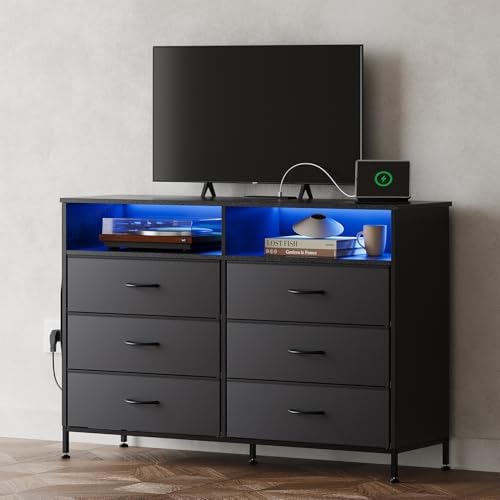Dresser for Bedroom with LED Lights and Charging Station, Fabric Black Bedroom Dresser 6 Long Drawers Dressers, Tall Wide Chest of Drawers TV Stand