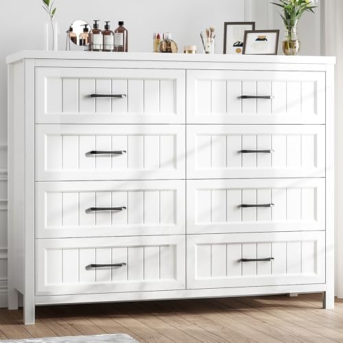 Farmhouse Dresser 8 Drawer Dresser for Bedroom, Large Wooden Dressers Double Grey Dresser with Deep Drawers Dressers for Hallway, Entryway (White)