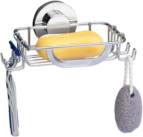 LEVERLOC Soap Holder Dish with Hooks for Shower, Bar Suction Cup Soap Caddy Wall Mounted, Stainless Steel NO-Drilling Removable Sponge Holder for Bathroom Bathtub Kitchen Sink, Silver