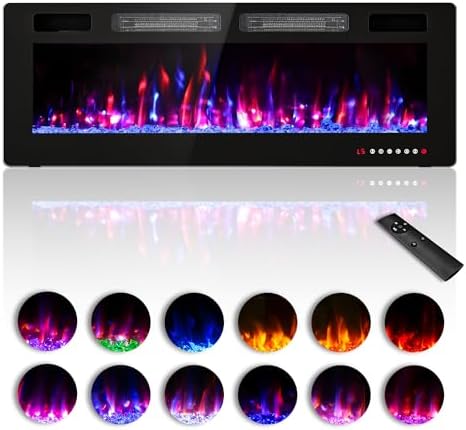 50 inches Electric Fireplace-Wall Fireplace for Living Room-Fireplace Freestanding/Inserts/Wall Mounted with Remote Control, Timer, Dimmer, 12 Flame Colors, 750/1500W, Ultra Thin