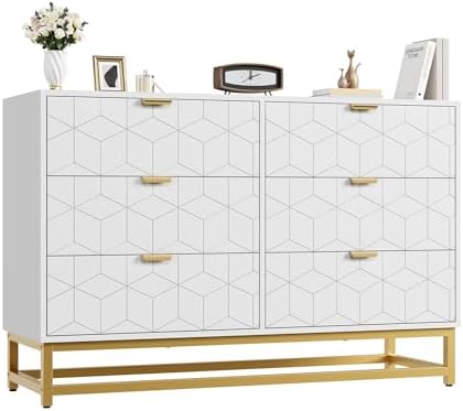 IDEALHOUSE White 6 Drawer Dresser with Wide Storage, Wood Dresser Chest Organizer with Metal Legs, Modern Dressers & chests of Drawers for Bedroom, Living Room, Hallway