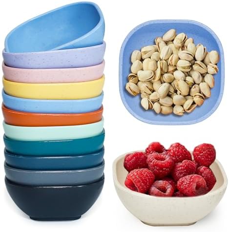 12 Pack Mini Square Dinnerware Bowls for Kids 4.5 OZ Unbreakable Wheat Straw Dipping Bowls, Small Bowls Perfect for Prep, Nuts, Candy, or Dips(Multicolor), 3.7inch