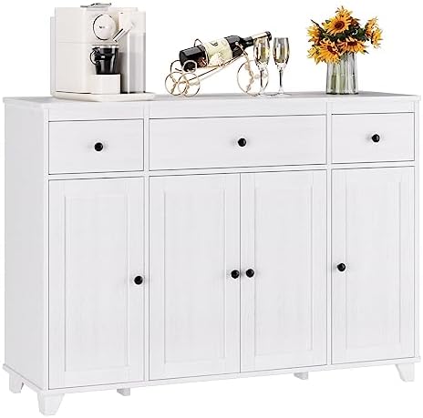 HIFIT Buffet Cabinet White Sideboard Storage Cabinet with 3 Drawers & 4 Doors Adjustable Shelves, 47” Modern Coffee Bar Cabinet, Wood Accent Cabinet for Kitchen Cupboard Dining Living Room