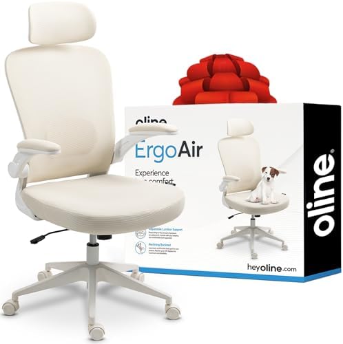 Oline ErgoAir Ergonomic Office Chair â€“ Adjustable Lumbar Support, Flip-Up Armrests, Mesh Computer Desk Chair, Swivel Rolling Executive Gaming Chair for Home & Office (Beige)
