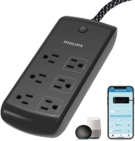 Philips 6-Outlet Wi-Fi Surge Protector, 8 Ft Braided Cord, Smart Surge, Individual Control, 1980 Joules, Compatible with Amazon Alexa and Google Assistant, No Hub Required, Black, SPP9068BF/37