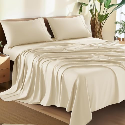Shilucheng 100% Cotton King Size Sheets Set - 1500 Thread Count，Luxury Egyptian Cotton Bed Sheets，5-Star Hotel Quality Sheets, Breathable & Cooling, 16 Inch Deep Pocket - 4 Piece (Beige)