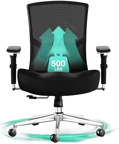 Big and Tall Office Chair 500lbs, Ergonomic Oversize Mesh Desk Chair, Heavy Duty High Back Computer Chair with Wide Thick Seat Cushion, Adjustable Lumbar Support, 4D Armrests