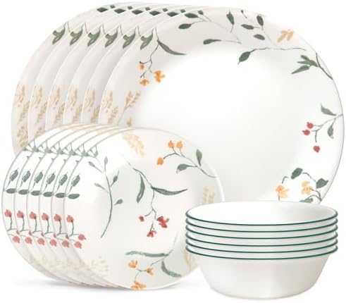 Corelle Vitrelle 18 Piece Glass Dinnerware Sets Service for 6, Triple Layer Chip & Crack Resistant Glass Plate and Bowl Sets, Wildflower
