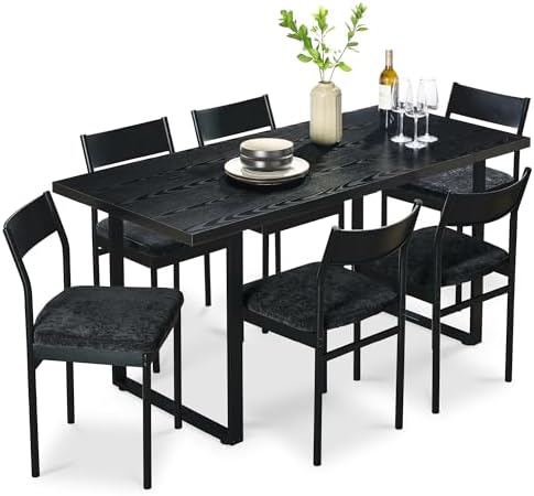 Best Choice Products 7-Piece Modern Dining Room Set, Kitchen Table Set, Dining Table w/ 6 Chairs, Upholstered Cushions, Solid Metal Frame, Curved Backrest - Black/Black