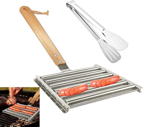 9.5 Inch Long Hot Dog Roller for Grill - Stainless Steel BBQ Hot Dog Grill Roller with Wood Handle, Grill Accessories with Tongs for Sausage Grilling,Ensures Even Heating, Hot Dog Buns Holder
