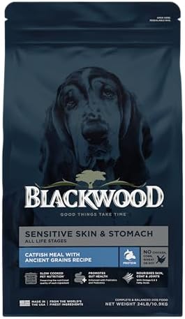 Blackwood Sensitive Skin & Stomach Dry Dog Food, Catfish Meal & Brown Rice with Ancient Grains, 24 Pound Bag with Prebiotics & Probiotics to Promote Gut Health
