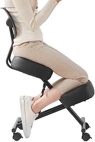 Ergonomic Kneeling Chair with Back Support, Kneeling Desk Chair for Home Office with Brake and Gliding Casters, Adjustable Posture Chair with High Back for Desk to Relieve Back Pain, Black PU