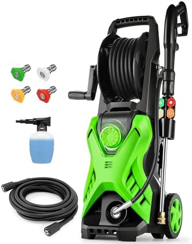 4500 PSI 2.8 GPM Electric Pressure Washer High Power Washer Adjustable Pressure 2500PSI-4500PSI with 33FT Extension Hose Reel, 4 Nozzles and Soap Bottle for Cars/Fences/Driveways/Home/Patios (Green)