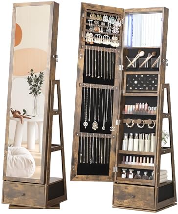 Nicetree 360° Rotating Jewelry Cabinet with Lights, Full-Length Mirror Jewelry Armoire Organizer with Touch Screen Vanity Mirror, Storage Drawers & Shelves for Necklaces, Earrings, Rustic Brown