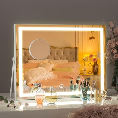 Hasipu Vanity Mirror with Lights, 14" x 11" LED Makeup Mirror, 3 Modes Light, Smart Touch Control Dimmable, 360°Rotation, Rectangle White Frame, with 5X Magnifying Glass