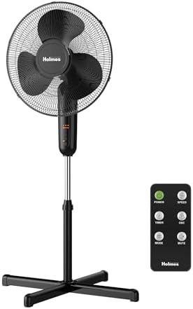 HOLMES 16" Digital Stand Fan, 80° Oscillation, 3 Speeds, 3 Modes, 7.5 Hour Timer, Adjustable Height, 30° Adjustable Head Tilt, Ideal for Home, Bedroom or Office, Remote Control, Black