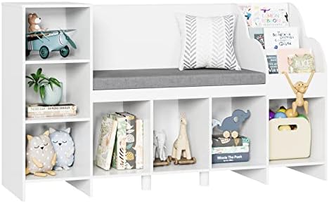 HOUSUIT 55" Kids Bookshelf with Reading Nook, Bookcase with Seat Cushion and Storage Cubbies, Kids Reading Nook with Adjustable Shelf, Toy Organizers and Storage with Bench for Playroom, White