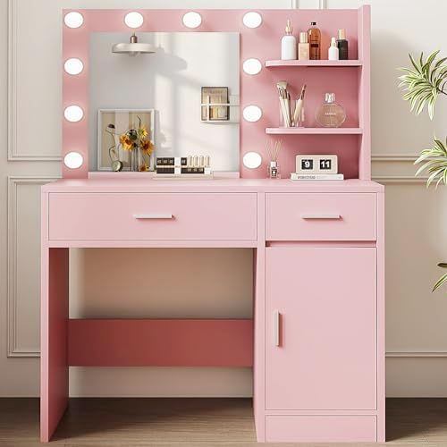 Lighted Makeup Vanity Desk, 35.4â€œW x 15.7'â€D x 54â€œH, Pink (with Lights and Mirror, Dimming Fuction, 2 Drawers and 1 Cabiniet, Open Shelves)