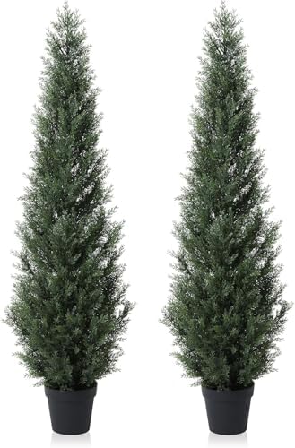6 Feet Pre-Potted Evergreen Outdoor Artificial Cedar Tree for Front Porch Decor, Outdoor Entryway Decor Fake Tree, Tall Faux Tree with UV Resistant Coating (2 Pack)