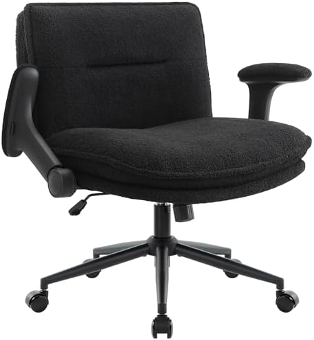 Criss Cross Chair with Wheels and Flip-Up Arms, Ergonomic Cross Legged Office Chair with Fabric Padded, Height Adjustable Wide Seat Crosslegged Desk chairsfor Home Office, Bedroom Vanity (Black)