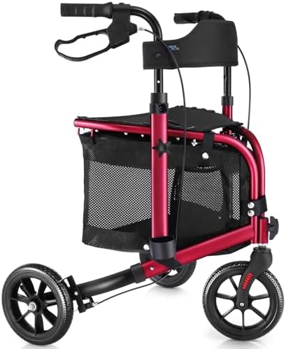3 Wheel Rollator Walker with Seat for Slim Seniors, Padded Backrest Lightweight Foldable Walker Ideal for Elderly, 8 Inch Tri-Wheel Modern Mobility Walking Aid Aluminum, Red