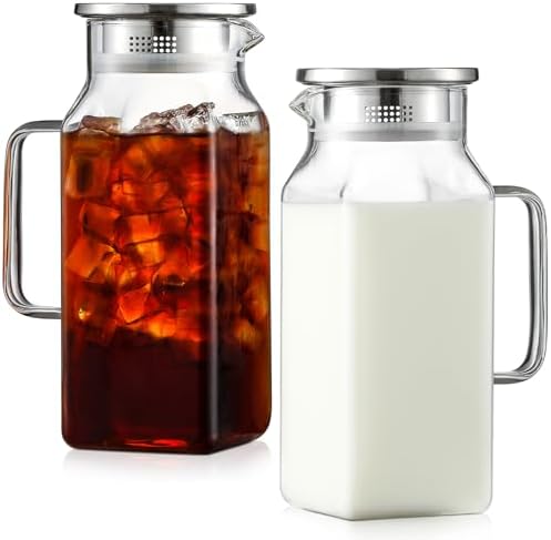 Netany 2 Pack 1.2 Liters/40 oz Small Square Glass Pitcher with Lid and Handle for Fridge, Iced Tea and Coffee Carafe Storage Container, Resistant to Hot and Cold Borosilicate Jug