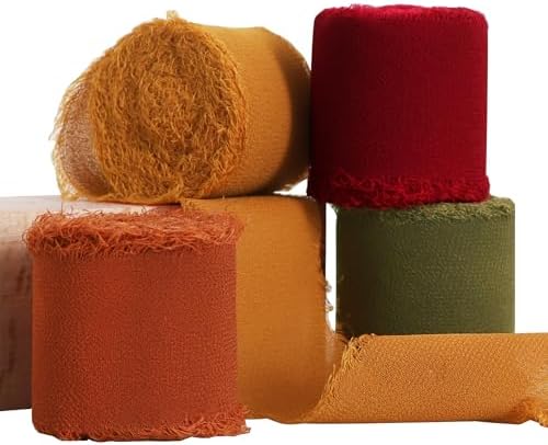 TONIFUL 4 Rolls Silk Chiffon Ribbon 1-1/2 Inch x 22 Yards,Orange Moss Brown Khaki Handmade Fringe Ribbon for Gift Wrapping Flowral Thanksgiving Christmas Wreath Tree Autumn-Themed Party Decoration