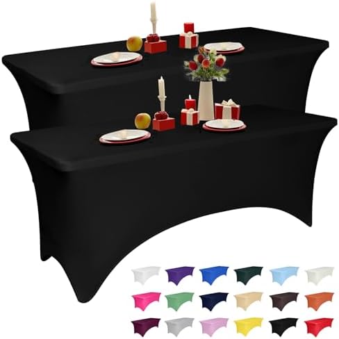 2 Pack 6 Feet Black Spandex Tablecloth for Rectangular Tables, Fitted & Stretch, Washable, Wrinkle Resistant, Perfect for Event, Wedding, Party, Banquet, Cocktail, Festival, and Table Protector