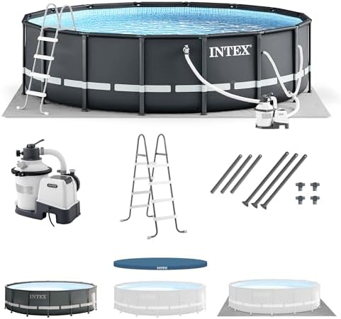 Intex Ultra XTR Frame 14' x 42" Round Above Ground Outdoor Swimming Pool Set with Sand Filter Pump, Ladder, Ground Cloth, and Pool Cover