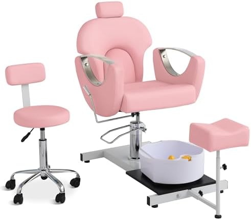 Pedicure Station No Plumbing, Hydraulic Pedicure Chair for Nail Tech, Height Adjustable Reclining Pedicure Station Unit, 360 Degree Swivel Foot Spa Chair with Massage Foot Bath (Pink-Sliver)