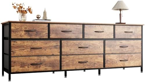 Huuger 63 Inch Dresser for Bedroom, Long Dresser with 10 Fabric Drawers, TV Stand for 55, 65, 70 Inch TV, Toy Storage Organizer for Closet, Rustic Brown