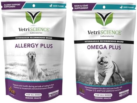 VetriScience Allergy Plus Immune Support Supplement for Dogs, Duck Flavor, 75 Chews & Omega Plus Advanced Skin Supplement for Dogs, 40 Chews
